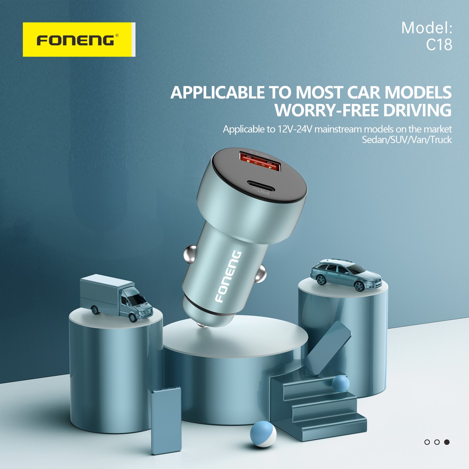 Incarcator Auto Foneng C18 USB+Tip C,PD 48W 3A, Cablu Tip C- Lightning - 2 | YEO